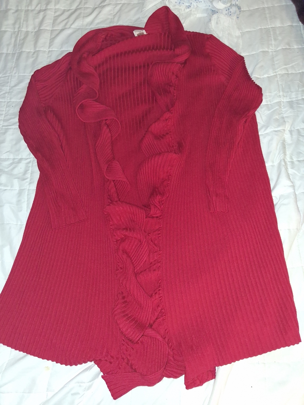Chico's Women's Red Ribbed Ruffle-Front Cardigan - Picture 2 of 3